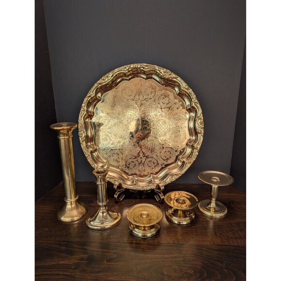 Baldwin Brass Candle Holders &Elegant Ornate Brass Tray 15" Wedding Home Décor - Picture 7 of 7